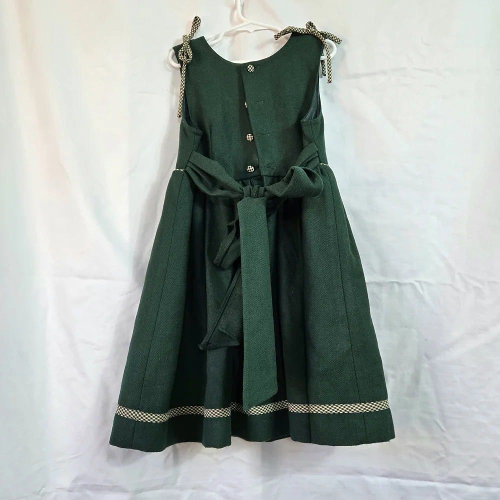 Pamela Chicas Girls Green Sleeveless Heart Gingham Accent Wool Dress 5 Vtg Spain